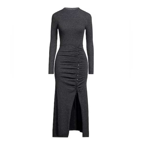 SANDRO Ruched ribbed knit wool-blend mock neck midi long sleeve sweater dress - Picture 4 of 4